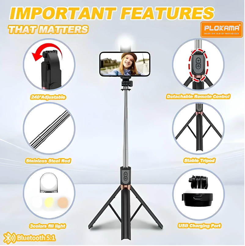 Tripod For Phones, Selfie Stick, Led Light with BT remote (1.7m)