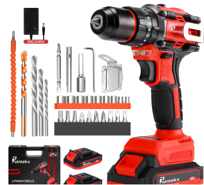 POINTEKX 21V 55NM Brushless Cordless Drill Electric Impact Drill Set